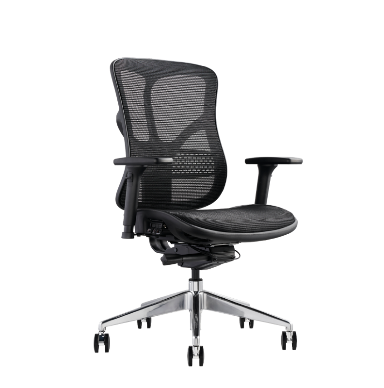 A modern black mesh office chair with adjustable armrests and a chrome five-star wheeled base view from an angle.