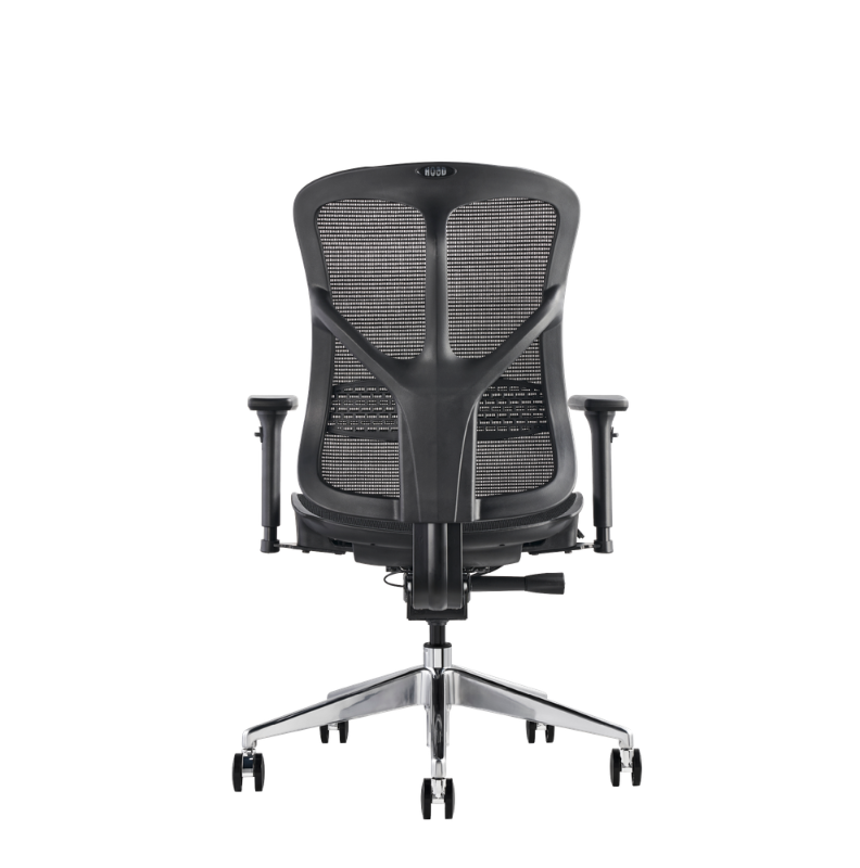 A black mesh ergonomic office chair with adjustable armrests and a chrome five-star base with casters, shown from the rear.