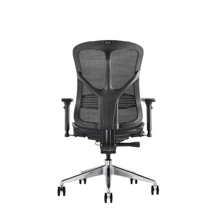 A black mesh ergonomic office chair with adjustable armrests and a chrome five-star base with casters, shown from the rear.