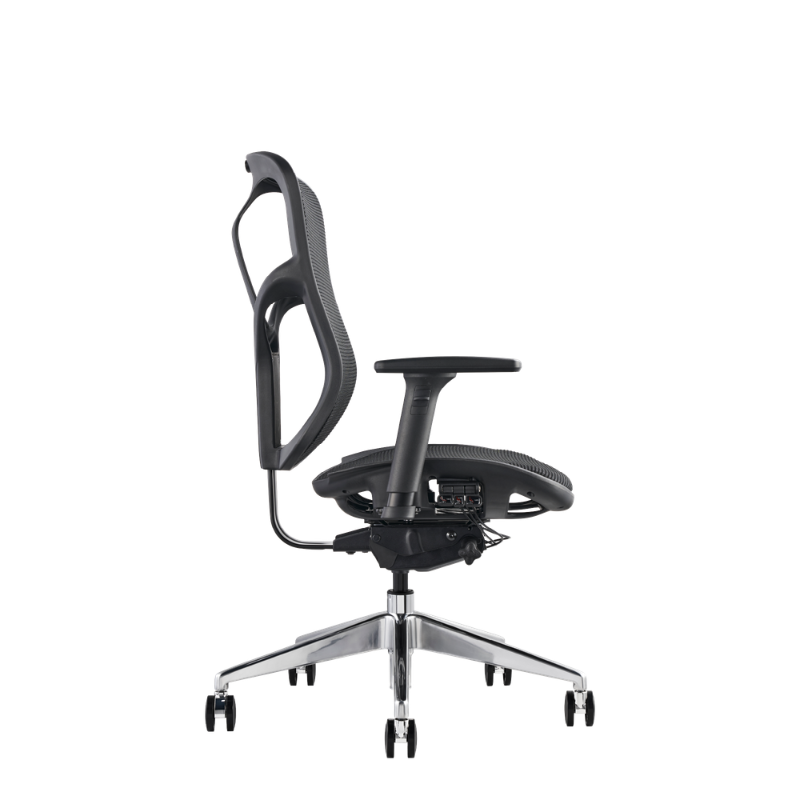 Black office chair with adjustable features on a white background with side view.