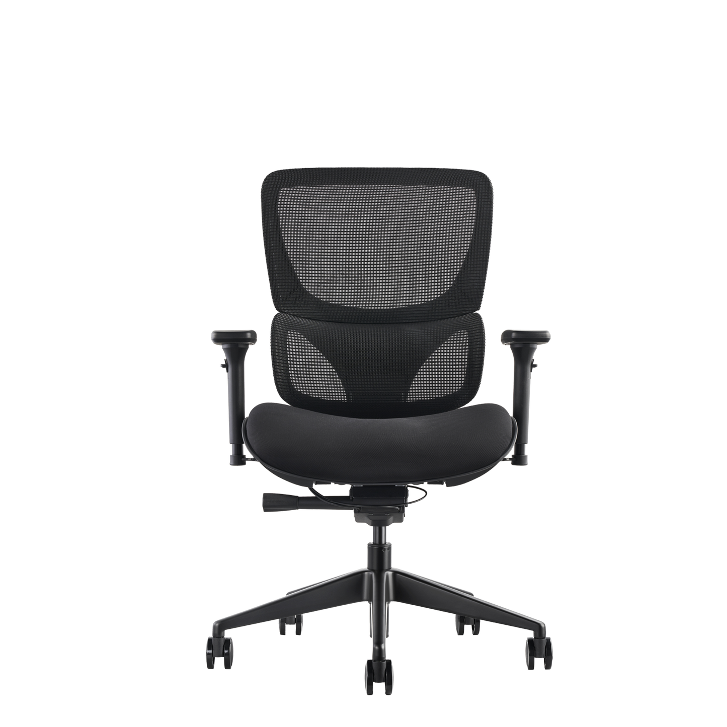 K22 ergonomic office chair with upholstered fabric back, padded seat and adjustable arms.