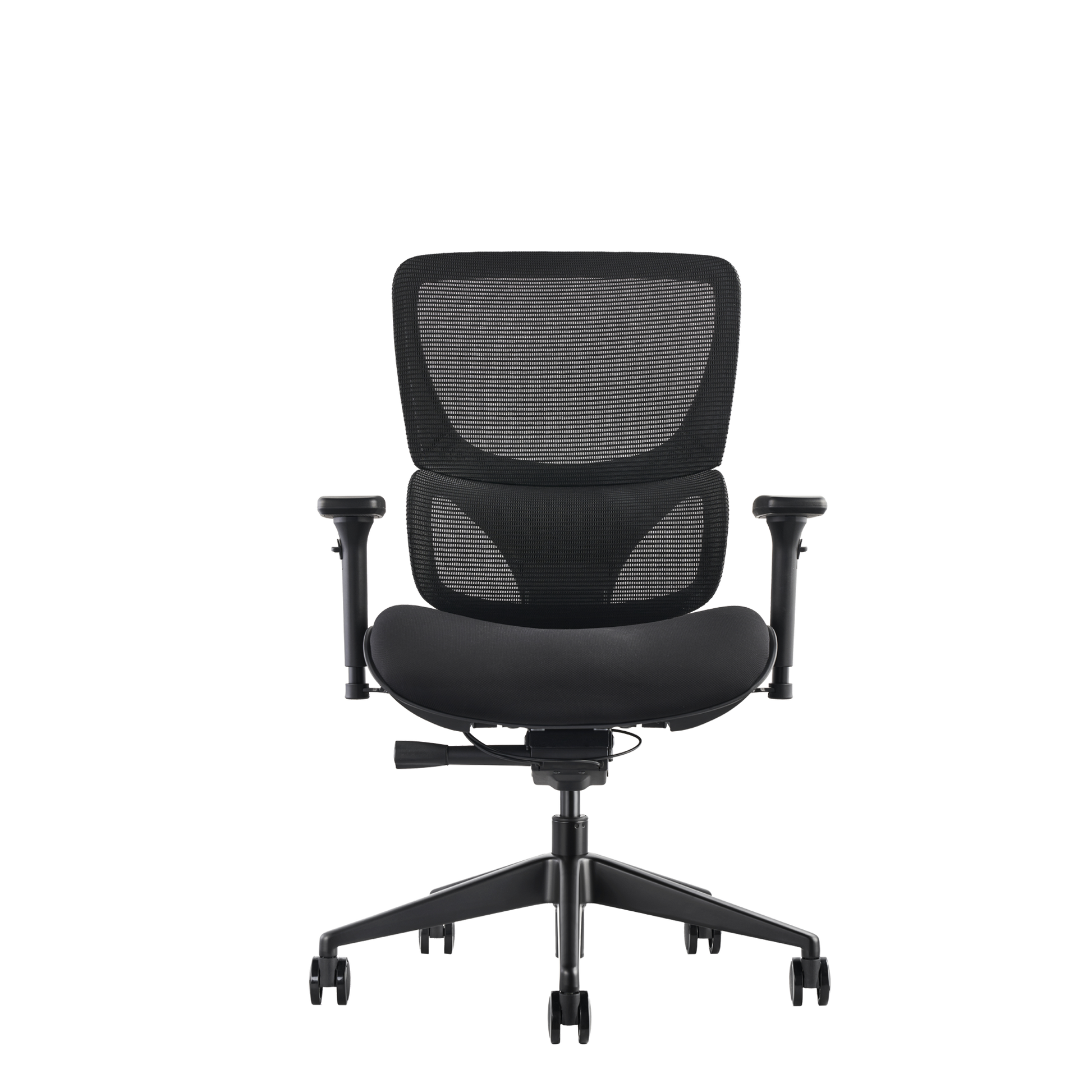 K22 ergonomic office chair with upholstered fabric back, padded seat and adjustable arms.