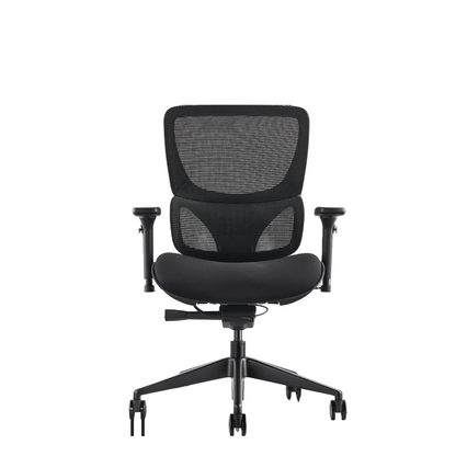 K22 ergonomic office chair with upholstered fabric back, padded seat and adjustable arms.
