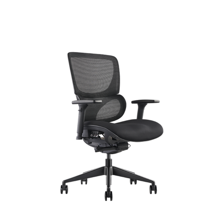 K22 a modern black mesh office chair with adjustable armrests, a padded seat, and a five-star wheeled base, view from an angle.