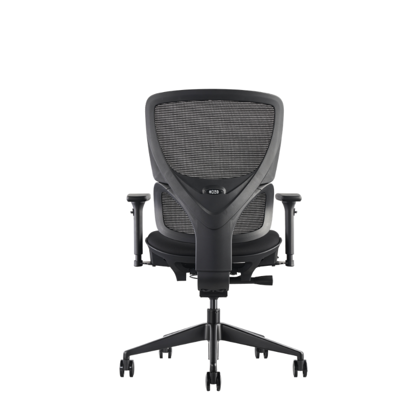 K22 a black mesh ergonomic office chair with adjustable armrests and a five-star wheeled base, view from the rear.