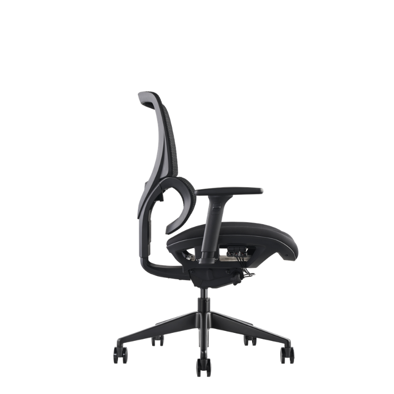 K22 a black ergonomic office chair with a high curved backrest, padded armrests, and a five-star wheeled base, shown from a side angle.