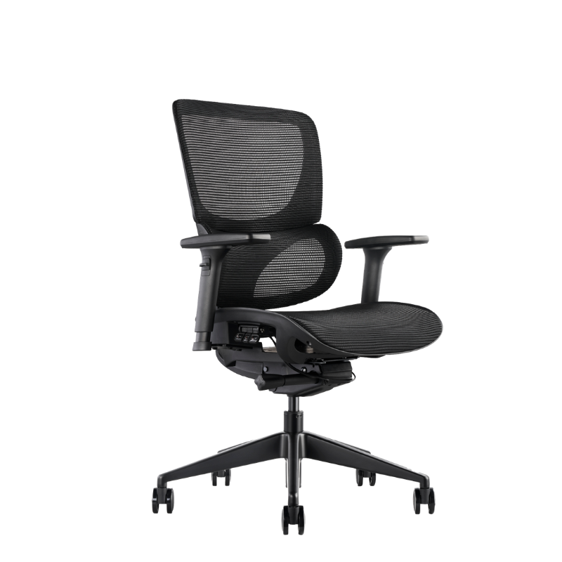 K22 a modern black mesh office chair with adjustable armrests, a high backrest, and a five-star wheeled base.