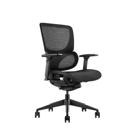 K22 a modern black mesh office chair with adjustable armrests, a high backrest, and a five-star wheeled base.