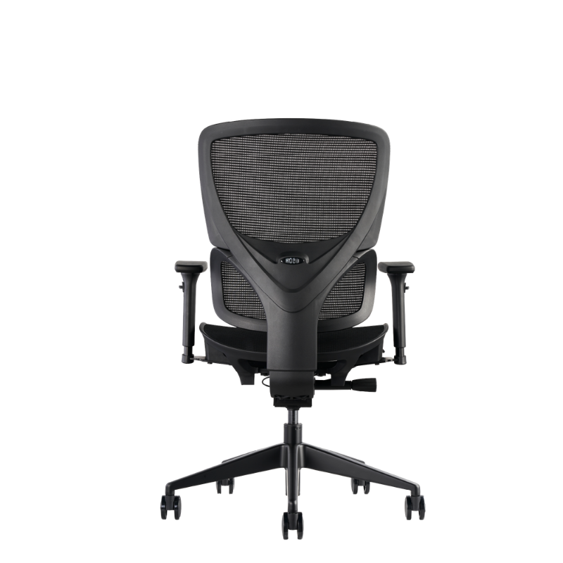 K22 a black mesh office chair with a high back, adjustable armrests, and a five-star wheeled base shown from the rear.