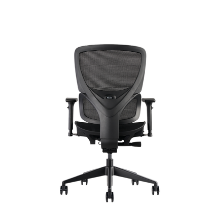 K22 a black mesh office chair with a high back, adjustable armrests, and a five-star wheeled base shown from the rear.