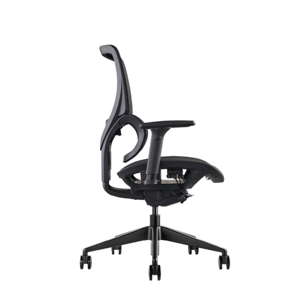 K22 a black ergonomic office chair with a high back, mesh backrest, adjustable armrests, and a five-star wheeled base, shown from a side angle.