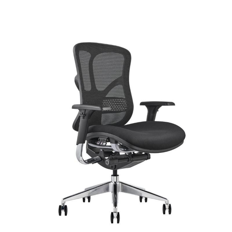 V46 a modern black mesh office chair with a padded seat, adjustable armrests, and a chrome five-star wheeled base, view from an angle.
