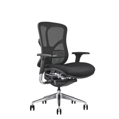 V46 a modern black mesh office chair with a padded seat, adjustable armrests, and a chrome five-star wheeled base, view from an angle.