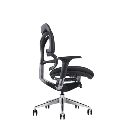 V46 a modern ergonomic office chair with a black mesh backrest, padded black seat, adjustable armrests, and a chrome five-star wheeled base, shown from a side profile.