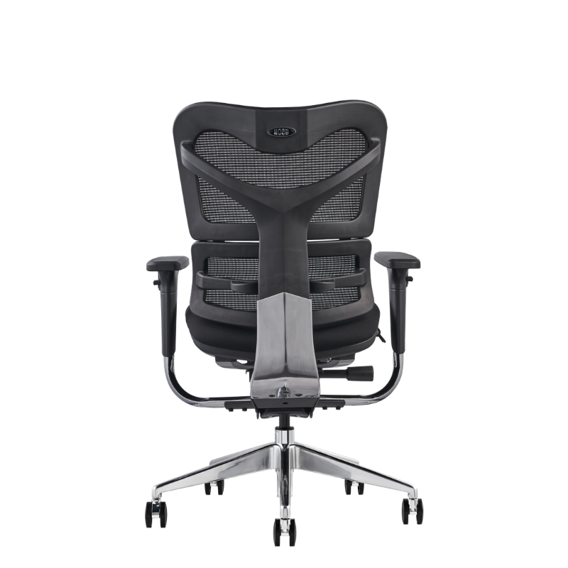 V46 a black mesh ergonomic office chair with adjustable armrests and a chrome five-star wheeled base, shown from the rear.