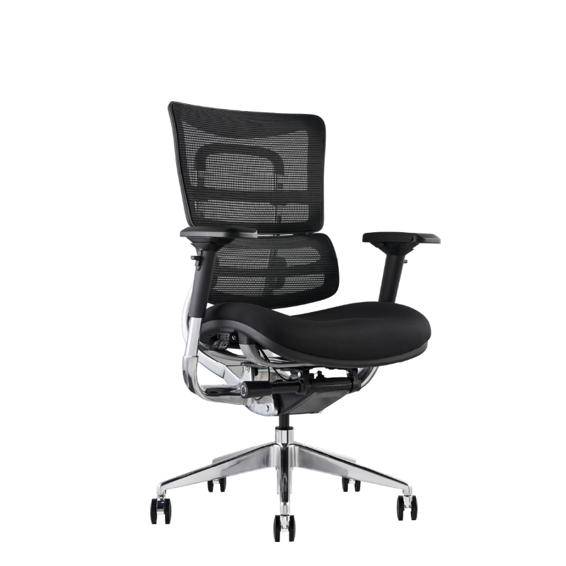i29 black mesh office chair with a contoured seat, adjustable armrests, and a chrome five-star wheeled base, view from an angle.