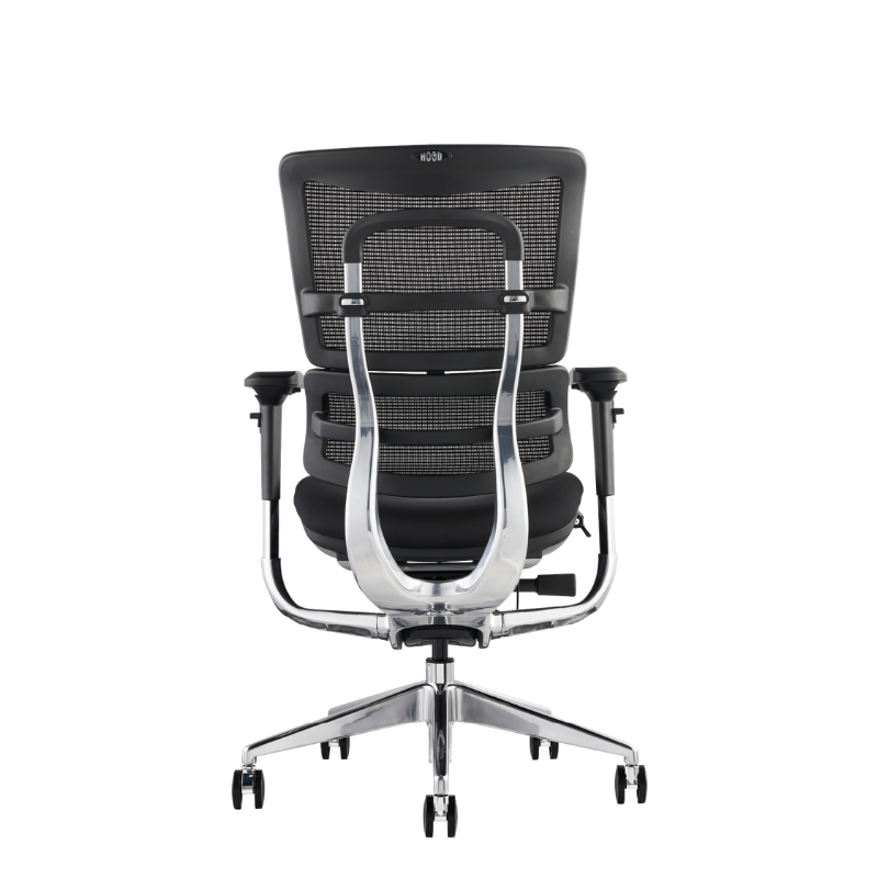 A modern office chair with a black mesh back, padded seat, and a prominent curved chrome metal frame, shown from the rear.