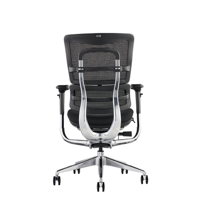 A modern office chair with a black mesh back, padded seat, and a prominent curved chrome metal frame, shown from the rear.