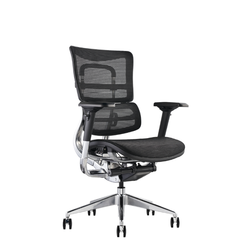 A modern black mesh office chair with a five-star chrome base and black armrests at an angle.