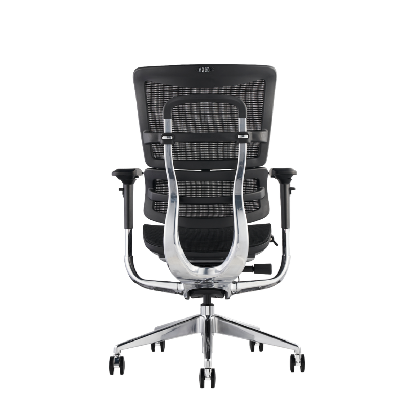 A modern black mesh office chair with a chrome-finished metal frame and five-wheel base, shown from the rear.