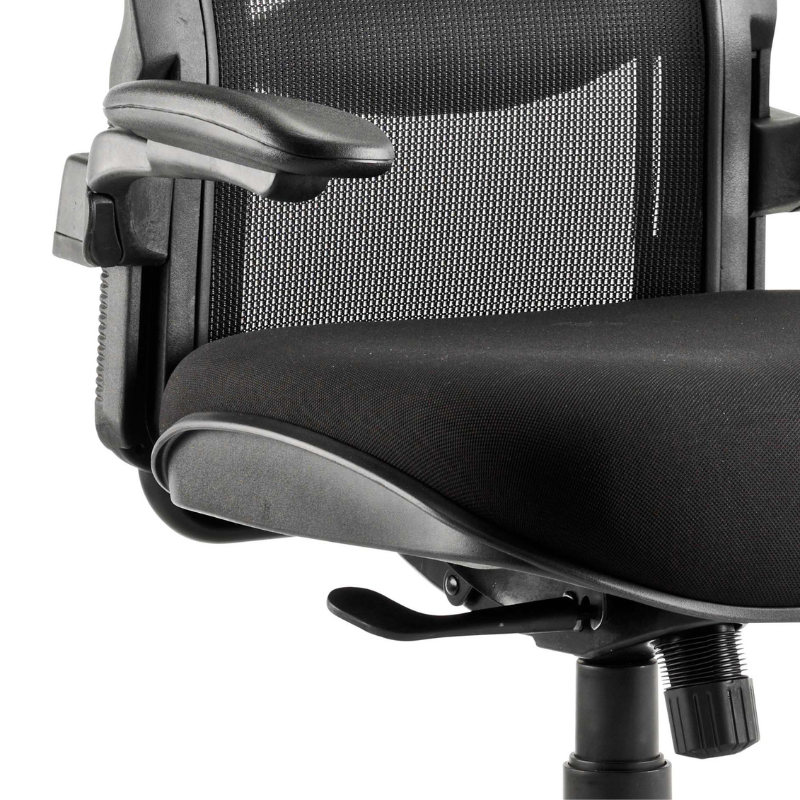 Close-up of a black office chair with mesh backrest and armrests