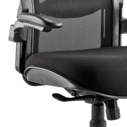 Close-up of a black office chair with mesh backrest and armrests