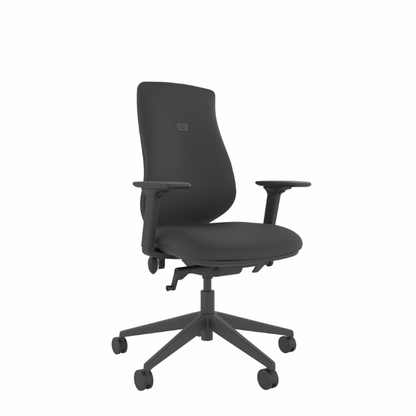 MDK Brody 6 black upholstered ergonomic chair with arms, front-left view
