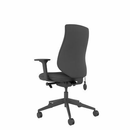 MDK Brody 6 black upholstered ergonomic office chair with arms, rear view