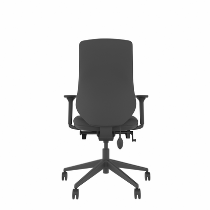 MDK Brody 6 black upholstered ergonomic office chair with arms, rear view