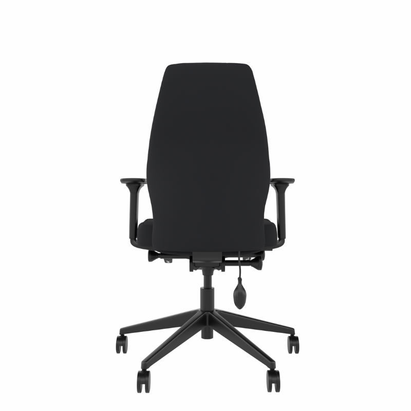 Rear view of the MDK Solo SL102 medium ergonomic office chair in black fabric