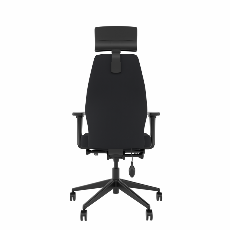 Rear view of MDK Solo SL152 medium ergonomic chair with upholstered backrest and headrest