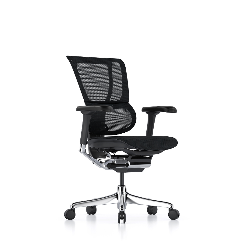 A modern black mesh office chair with adjustable armrests, a black seat cushion, and a polished chrome five-star base with dual-wheel casters, shown against a solid white background.