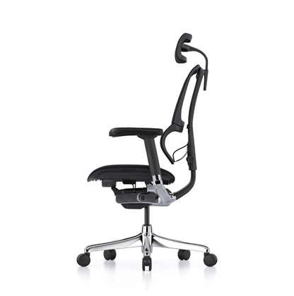 A modern ergonomic office chair with a black mesh back, padded armrests, and a chrome five-star base with black casters, shown from a side profile on a white background.
