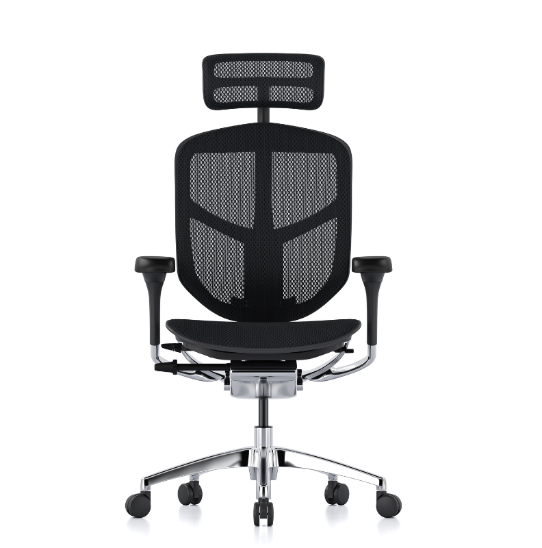 A modern black mesh ergonomic office chair with a headrest, adjustable armrests, and a chrome five-star base on a white background.
