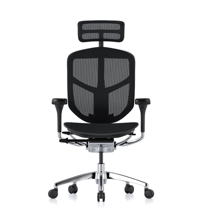 A modern black mesh ergonomic office chair with a headrest, adjustable armrests, and a chrome five-star base on a white background.