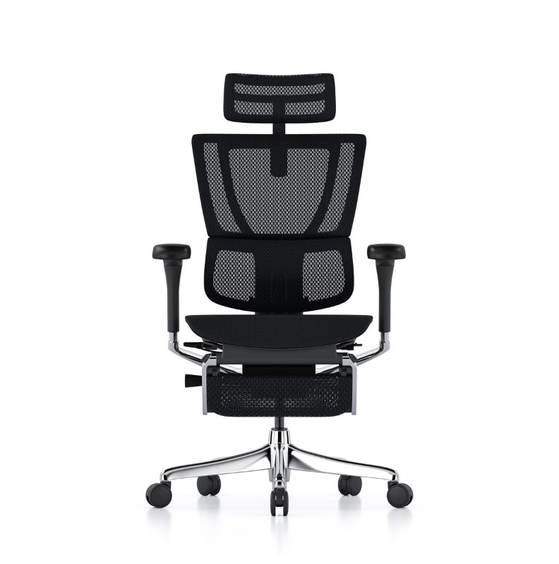 A black mesh ergonomic office chair with adjustable armrests and a five-star chrome base on a white background.