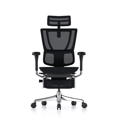 A black mesh ergonomic office chair with adjustable armrests and a five-star chrome base on a white background.