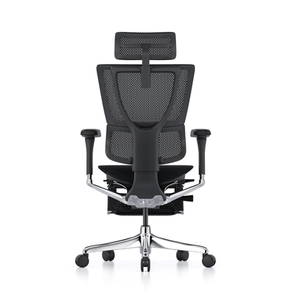 A black mesh ergonomic office chair with adjustable armrests and a five-star chrome base, shown from the rear.