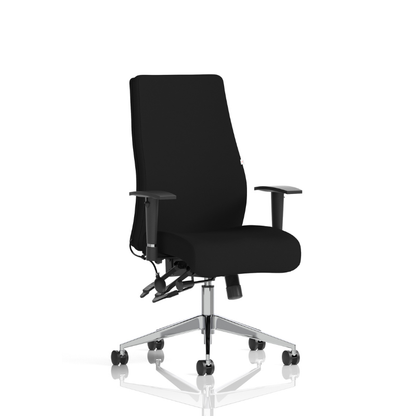 A black fabric office chair with adjustable armrests, a high back, and a chrome five-star wheeled base