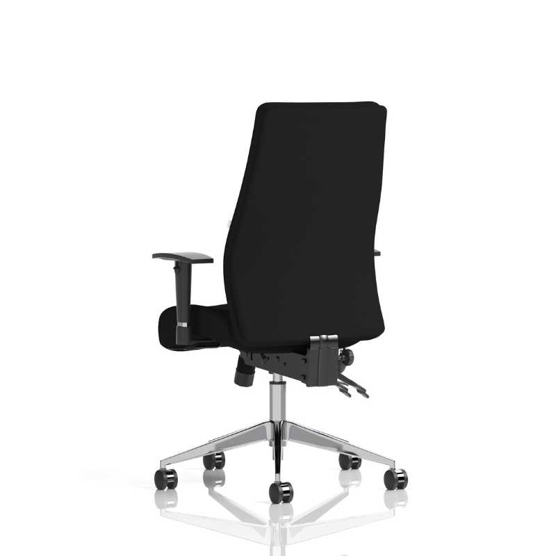 A black fabric office chair with a high back, adjustable armrests, and a chrome five-star base with dual-wheel casters, shown from a rear three-quarter angle