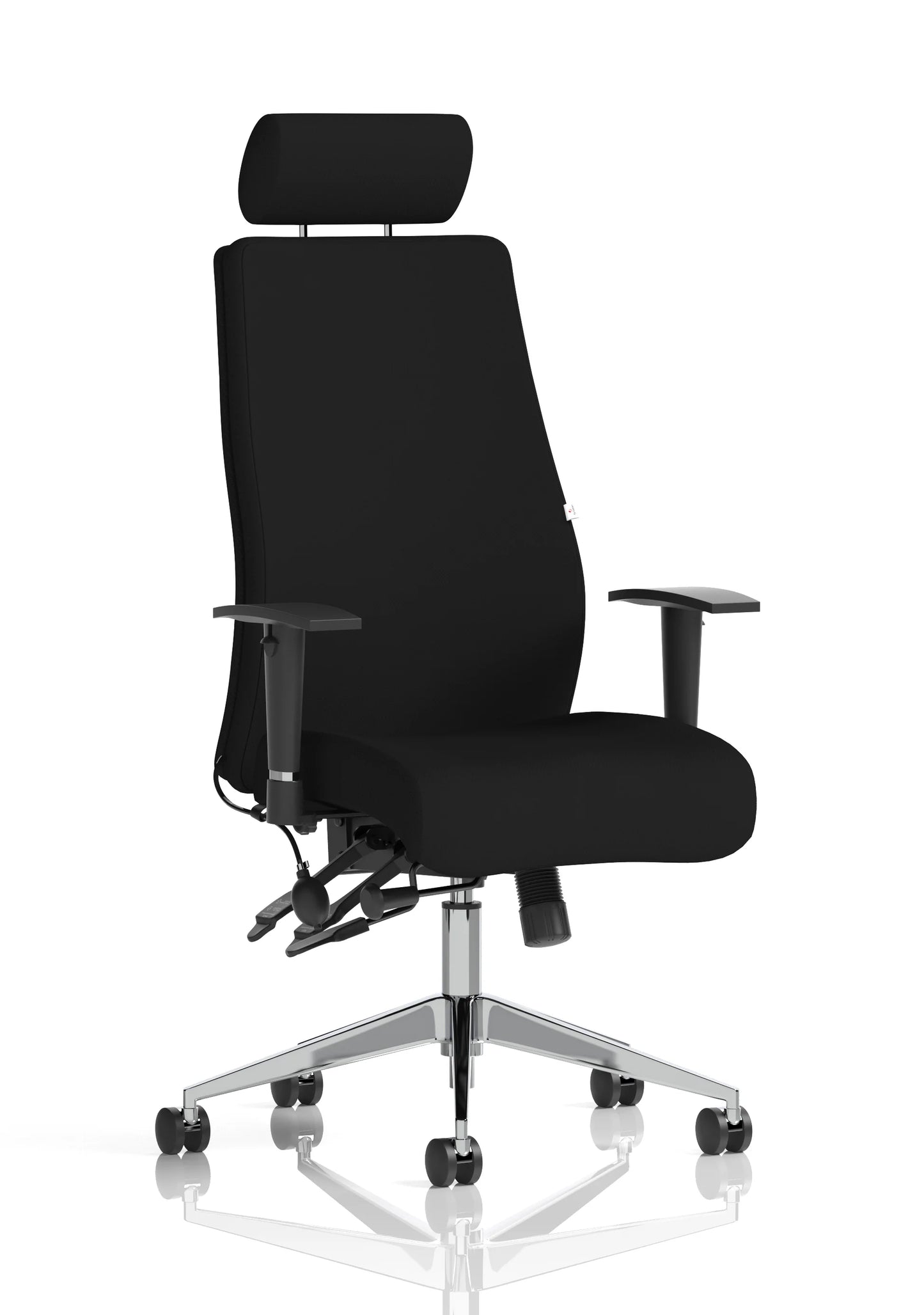 Onyx high back ergonomic office chair with lumbar support and adjustable height in black finish headrest.
