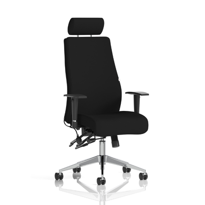 Onyx high back ergonomic office chair with lumbar support and adjustable height in black finish headrest with angle view