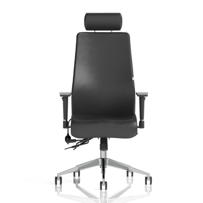 Onyx high back ergonomic office chair with lumbar support and adjustable height in black finish headrest Leather