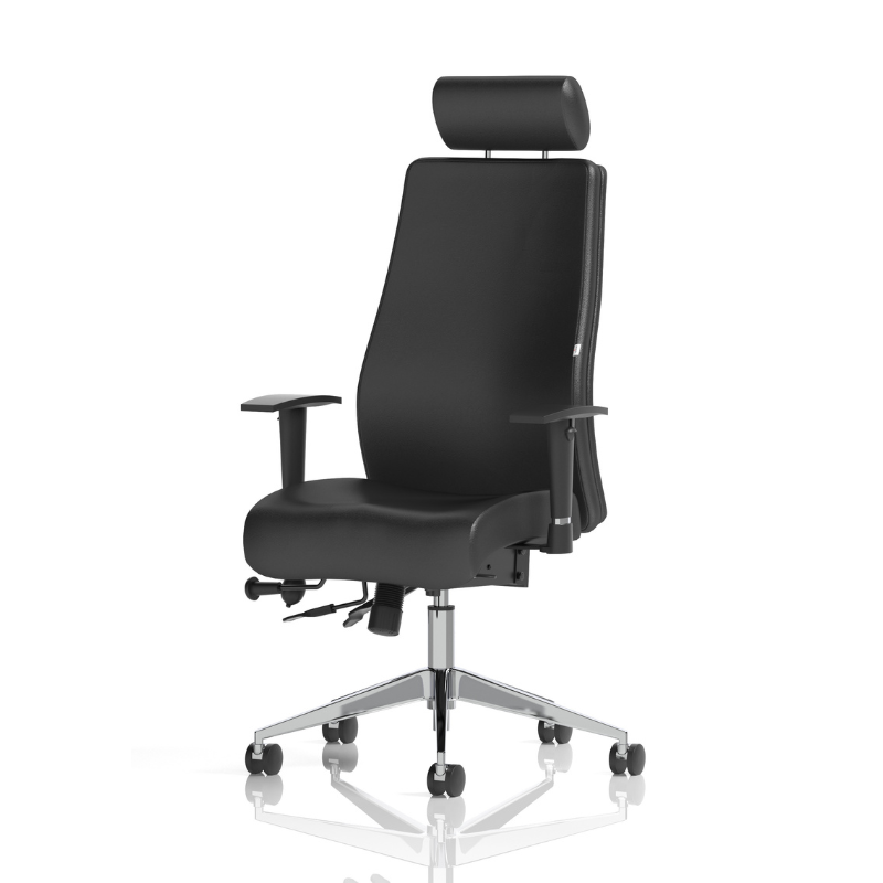 Dynamic Onyx high-back leather ergonomic office chair with adjustable arms and headrest with angle view