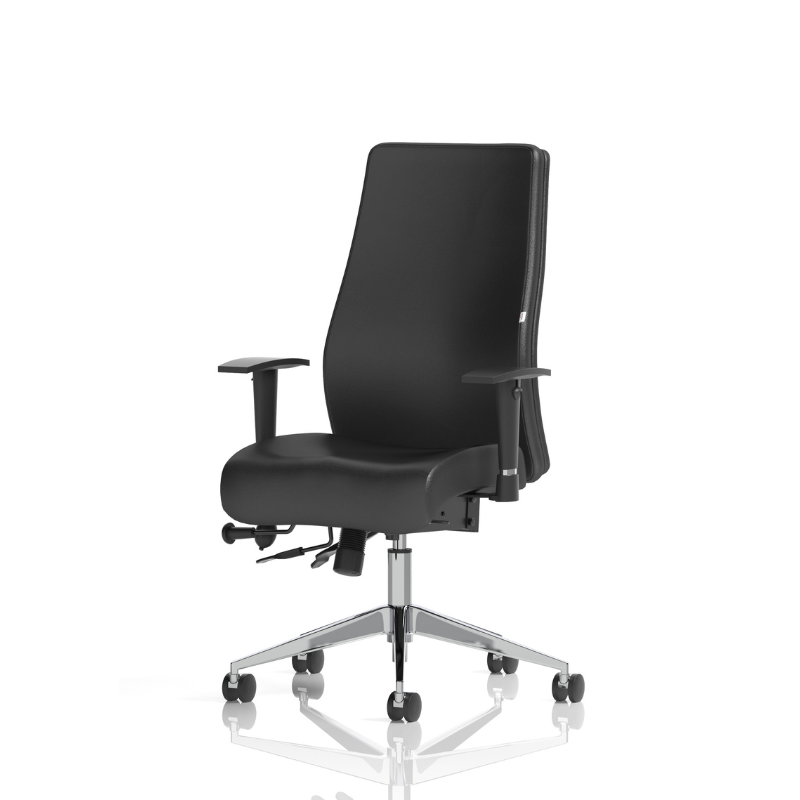 Dynamic Onyx high-back leather ergonomic office chair with adjustable arms and no headrest angle view
