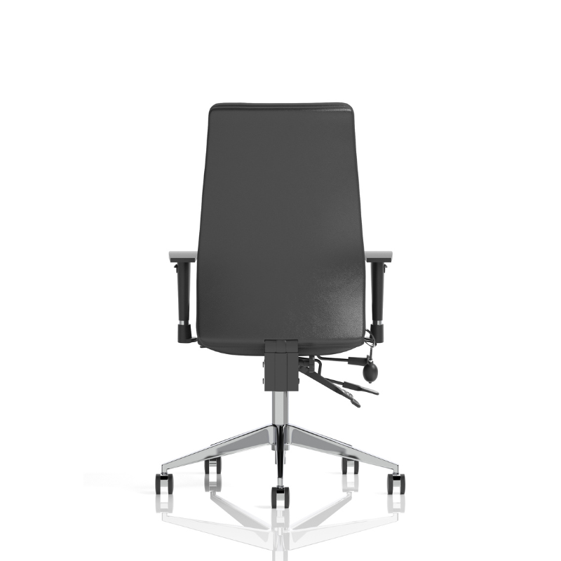 Dynamic Onyx high-back leather ergonomic office chair with adjustable arms and no headrest with rear view