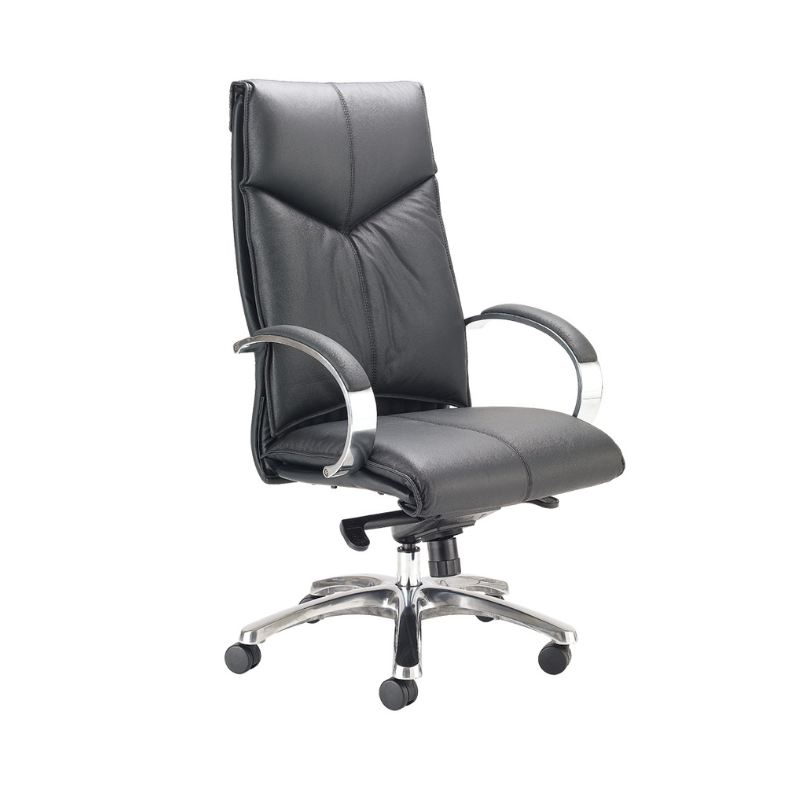 Black PSI Valentino V7-HB executive leather office chair with chrome armrests, chrome five-star base and high backrest