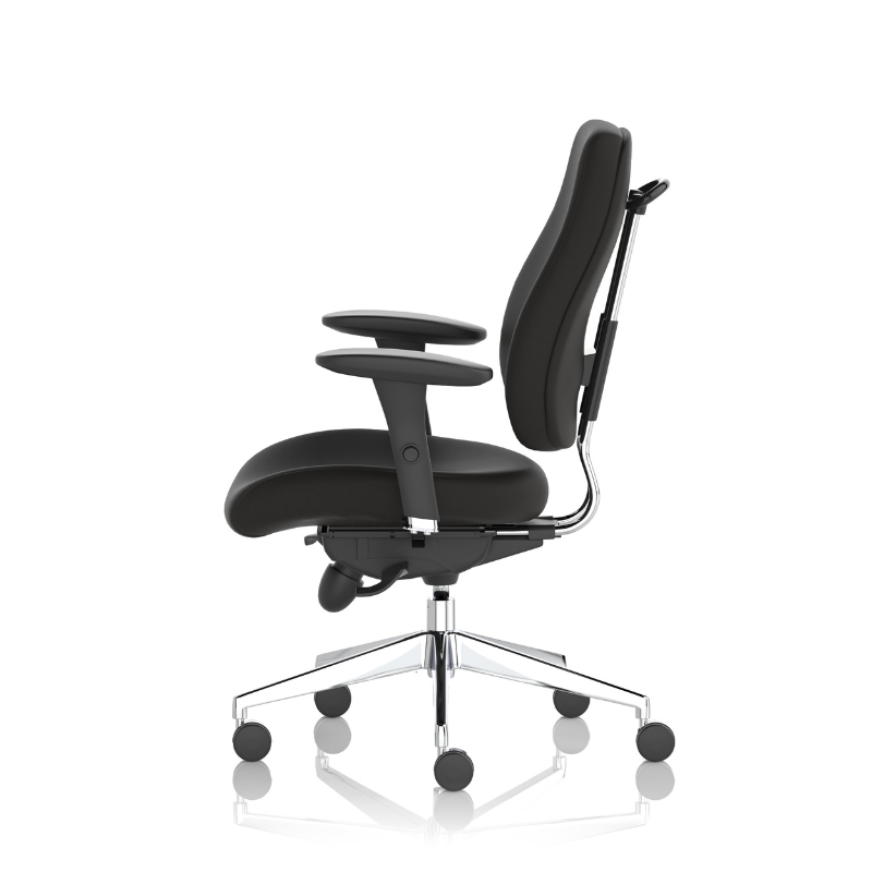 Side view of Dynamic Chiro Plus high-back ergonomic office chair with adjustable arms and no headrest.