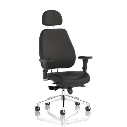 Angled view of Dynamic Chiro Plus ergonomic office chair with adjustable arms and headrest.