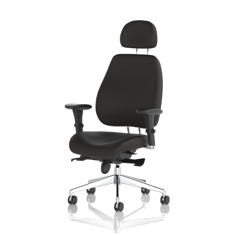 Angled view of Dynamic Chiro Plus ergonomic office chair with adjustable arms and headrest.